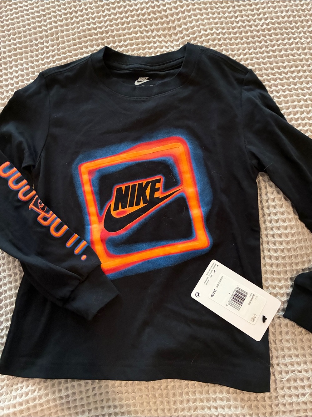 NWT Boy’s Nike Black Long Sleeve Tee with Orange and Blue Logo, Size 3/4 yrs